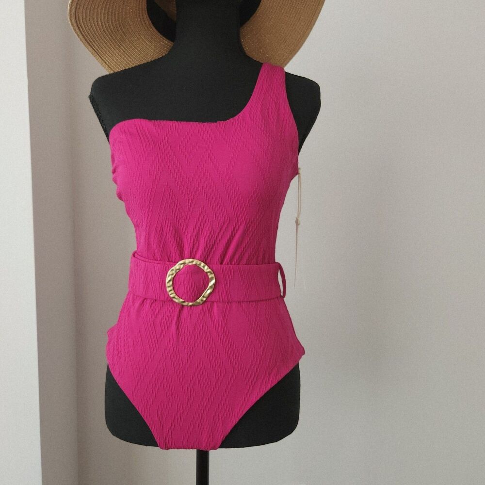 NWT Cosita Linda One Shoulder One Piece Swimsuit Belted Magenta Handmade XL - Picture 10 of 10